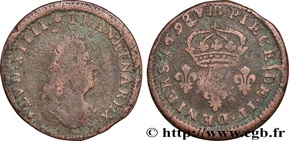 LOUIS XIV &nbsp;THE SUN KING&nbsp; II deniers 1698 Strasbourg VF/VF