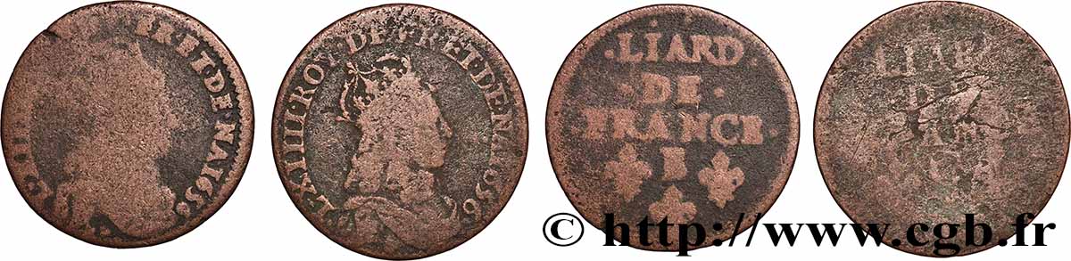LOUIS XIV &nbsp;THE SUN KING&nbsp; Liard de cuivre “à la tête couronnée”, lot de 2 ex. n.d. Ateliers divers lot