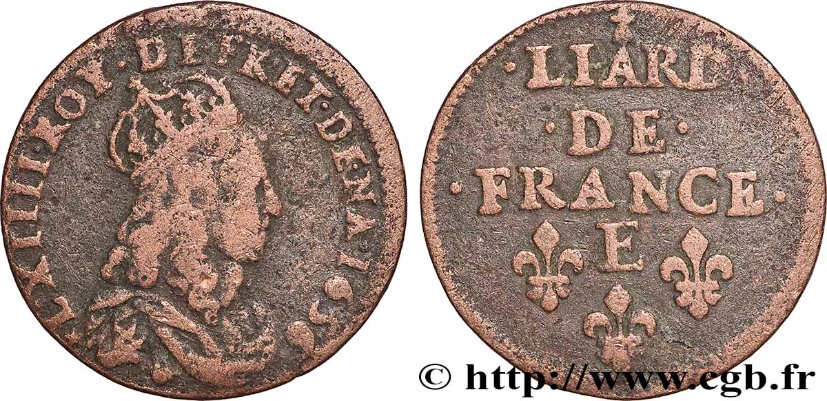 LOUIS XIV &nbsp;THE SUN KING&nbsp; Liard de cuivre, 2e type 1656 Meung-sur-Loire VF