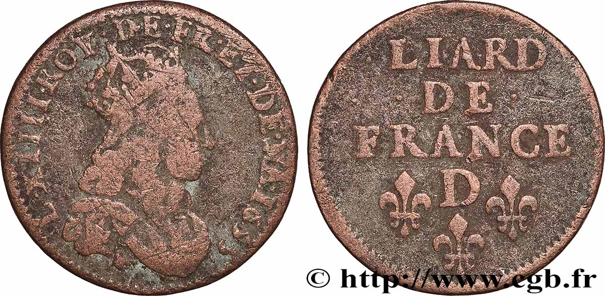 LOUIS XIV &nbsp;THE SUN KING&nbsp; Liard de cuivre, 2e type 1655 Vimy-en-Lyonnais (actuellement Neuville-sur-Saône) VF