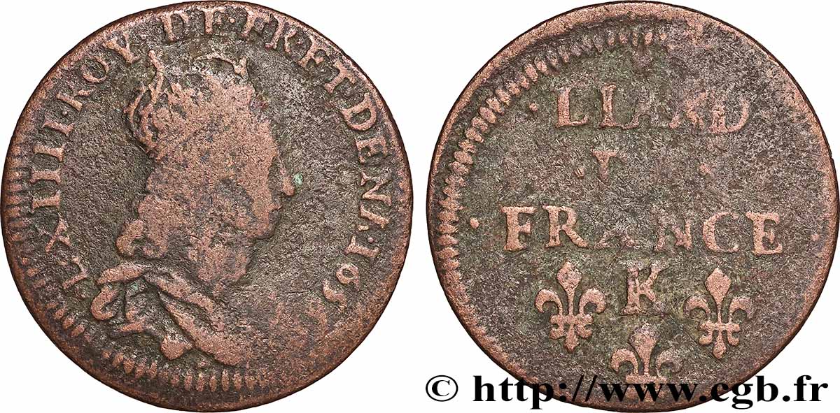 LOUIS XIV LE GRAND OU LE ROI SOLEIL Liard de cuivre, 2e type 1656 Bordeaux TB