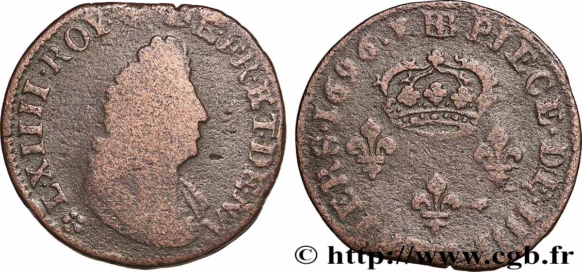 LOUIS XIV &nbsp;THE SUN KING&nbsp; IIII deniers 1696 Strasbourg S/fSS