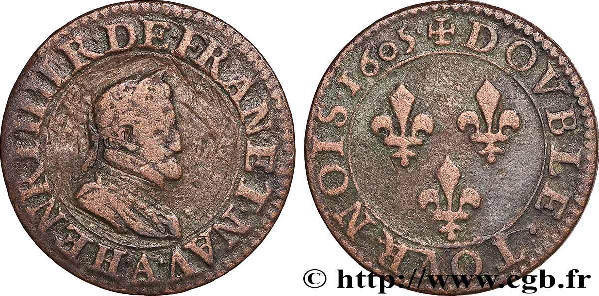 HENRY IV Double tournois, 1er type de Paris (légende française) 1605 Paris, Moulin des Étuves VF