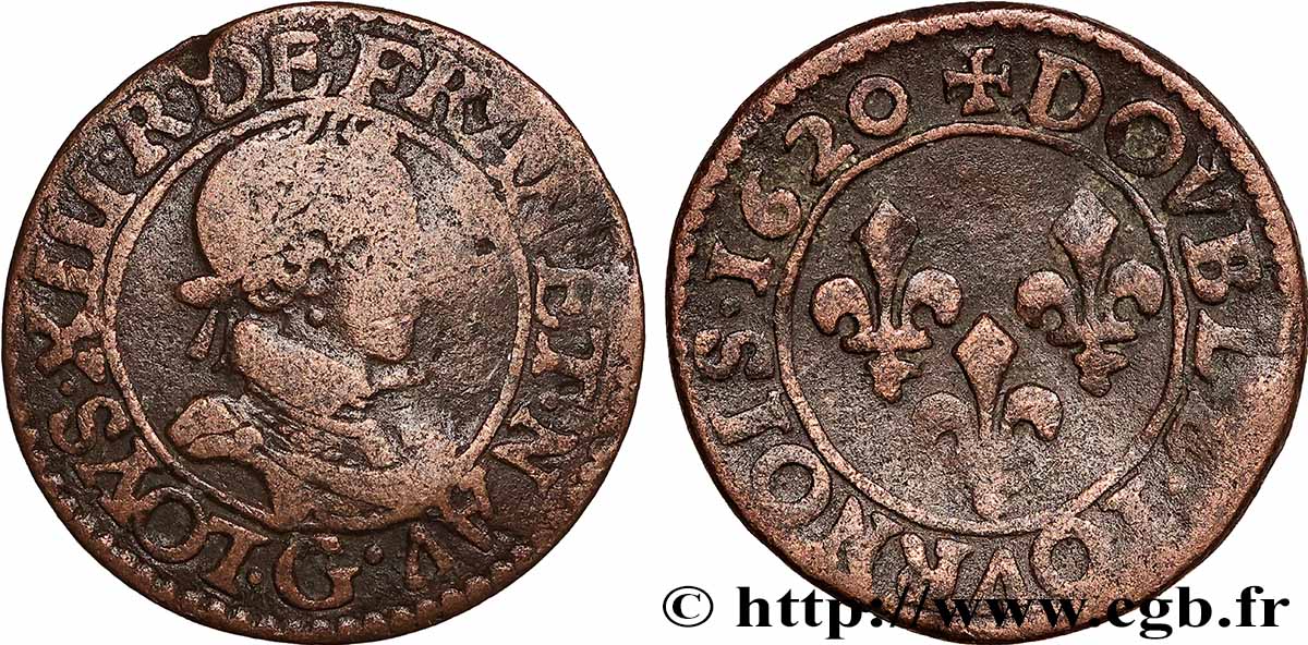 LOUIS XIII LE JUSTE Double tournois, type 2 de Poitiers 1620 Poitiers TB+