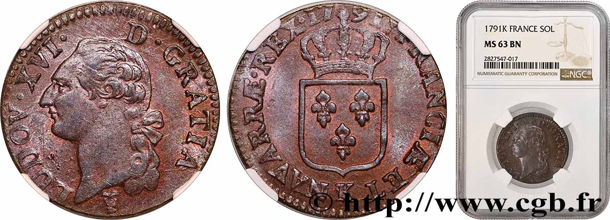 LOUIS XVI Sol dit &nbsp;à l&nbsp;écu&nbsp; 1791 Bordeaux fST63