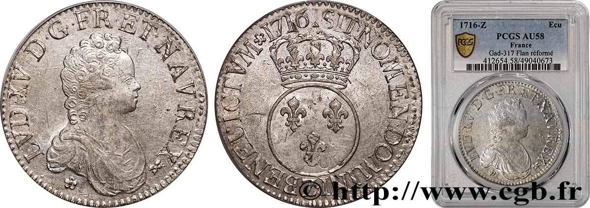 LOUIS XV THE BELOVED Écu dit &nbsp;vertugadin&nbsp; 1716 Grenoble AU58