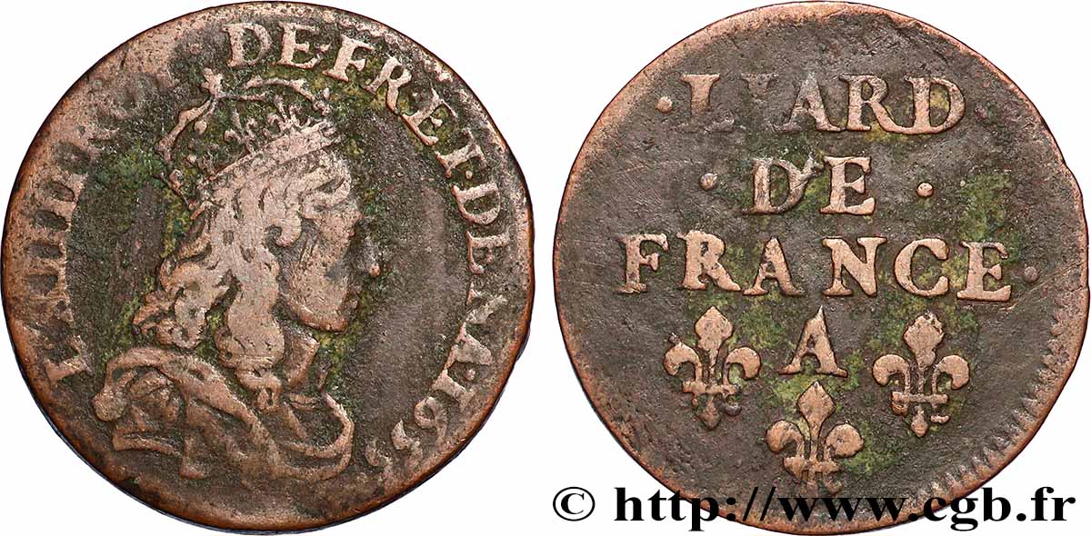 LOUIS XIV LE GRAND OU LE ROI SOLEIL Liard de cuivre 1655 Corbeil TB+
