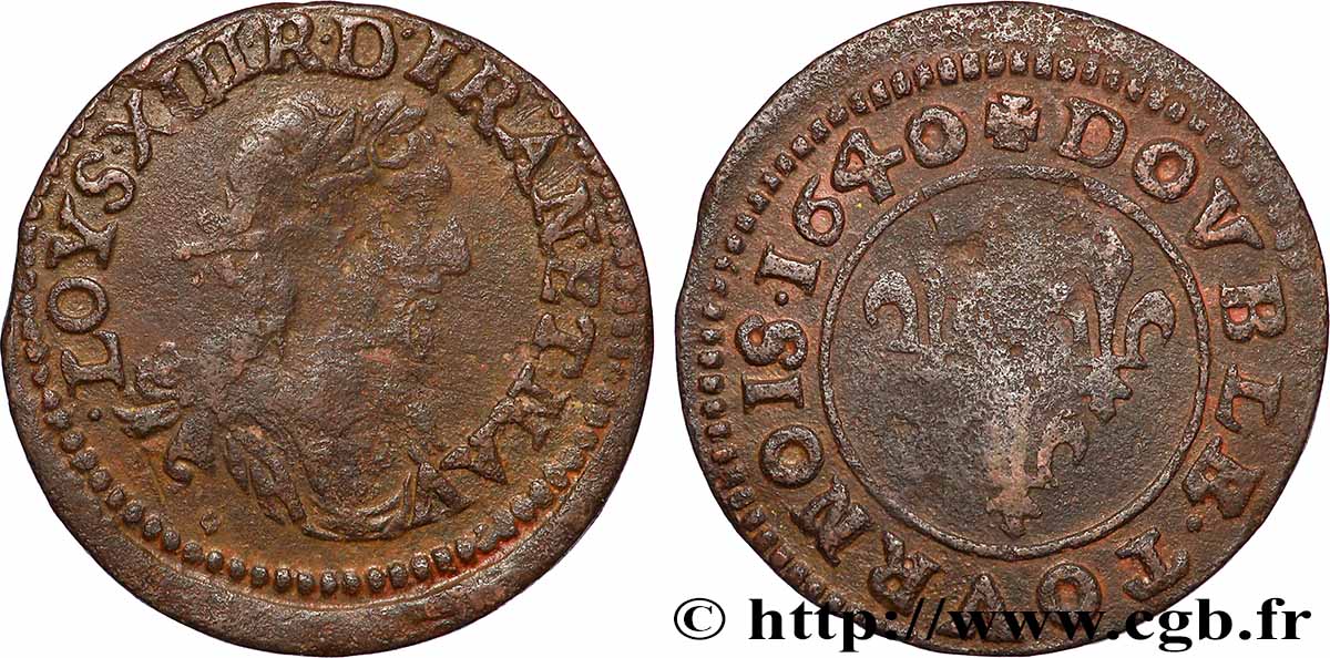LOUIS XIII  Double tournois au grand buste viril drapé 1640 Ateliers de l’axe Loire-Rhône VF