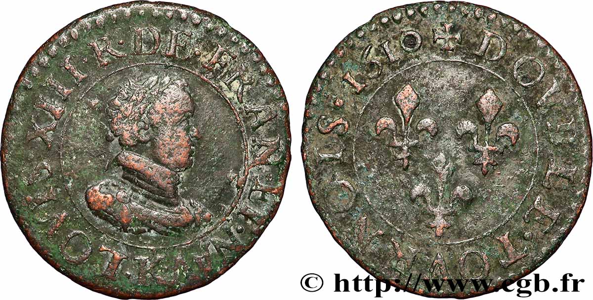 LOUIS XIII  Double tournois, col plat 1610 Bordeaux VF
