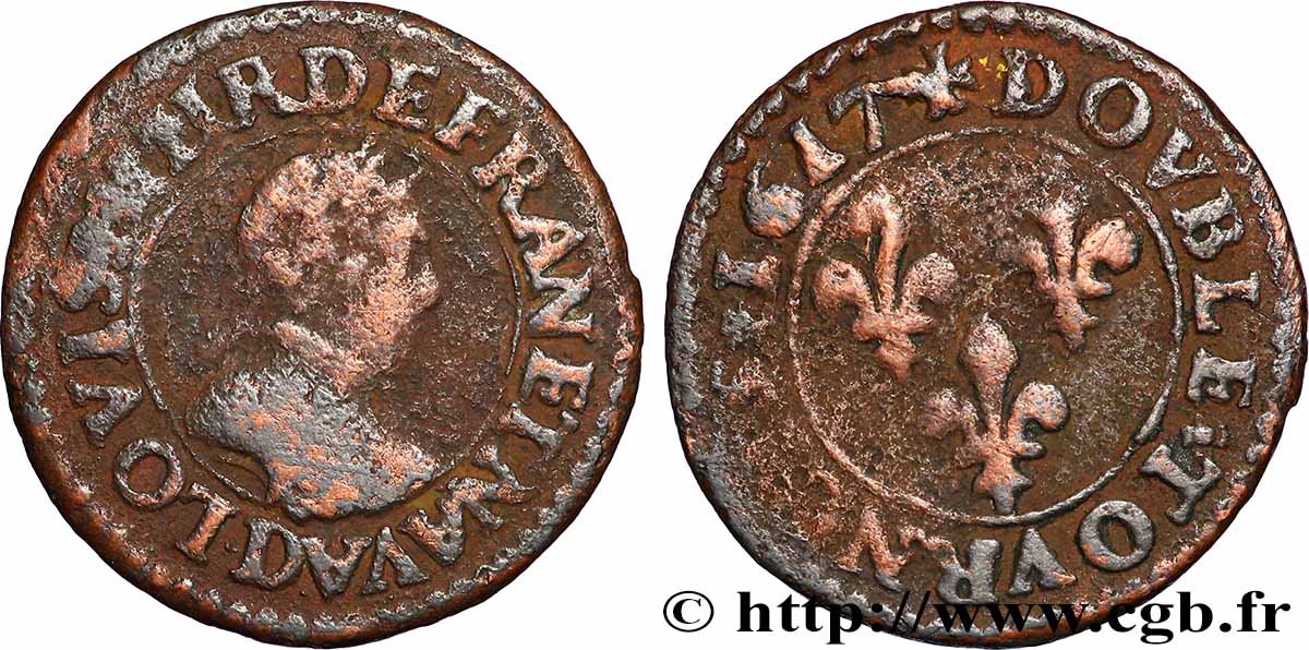 LOUIS XIII  Double tournois, type 4 1617 Lyon VF