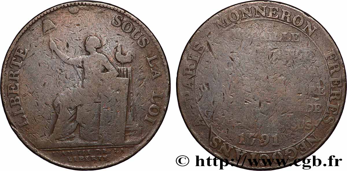 REVOLUTION COINAGE Monneron de 2 sols à la Liberté 1791 Birmingham, Soho fS/SGE