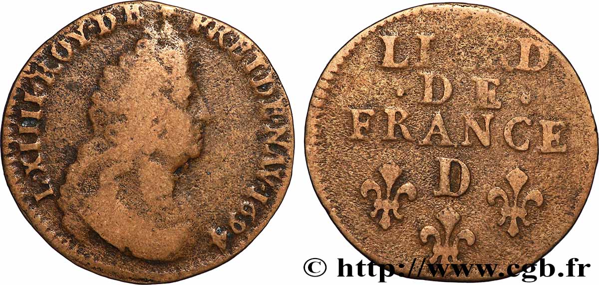 LOUIS XIV &nbsp;THE SUN KING&nbsp; Liard, 3e type, buste âgé 1694 Lyon VF