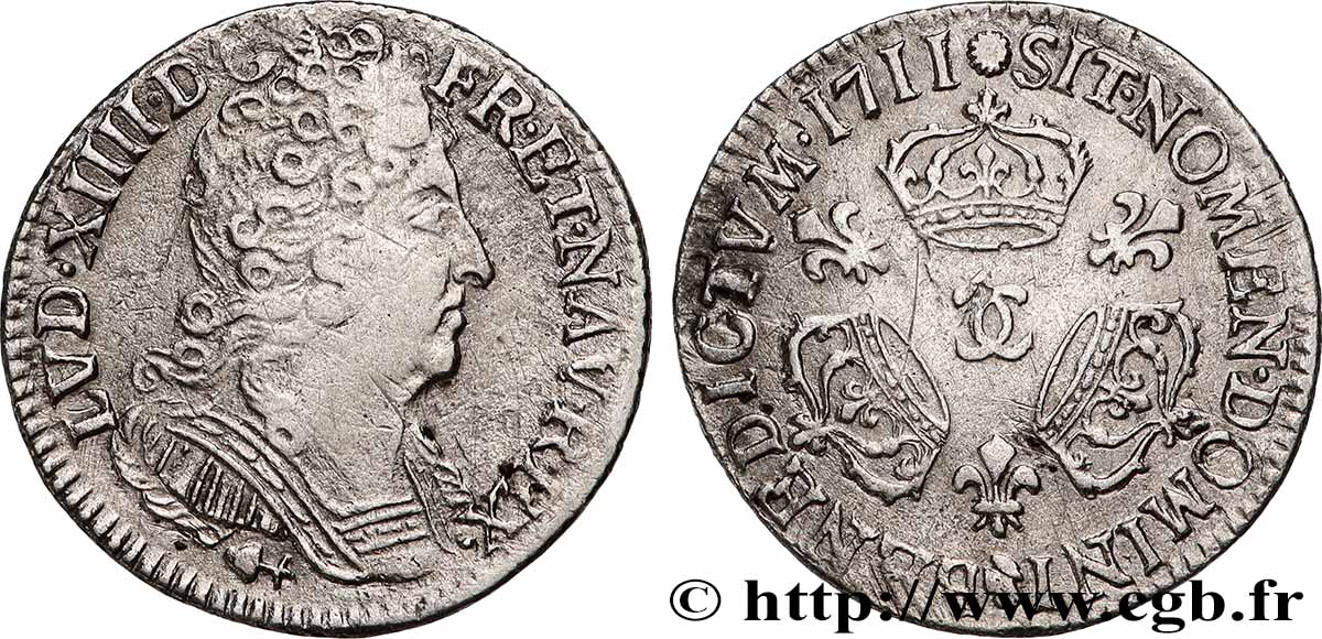 LOUIS XIV &nbsp;THE SUN KING&nbsp; Dixième d&nbsp;écu aux trois couronnes 1711 Besançon SS/fVZ
