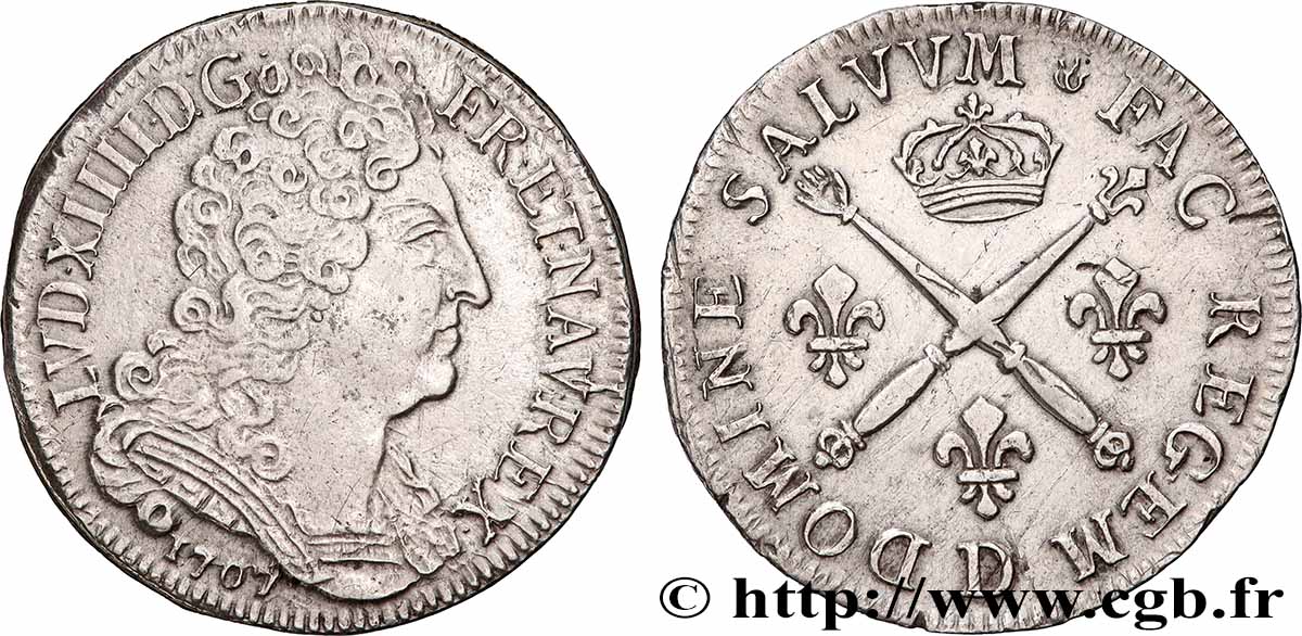 LOUIS XIV &nbsp;THE SUN KING&nbsp; 20 sols aux insignes 1707 Lyon AU