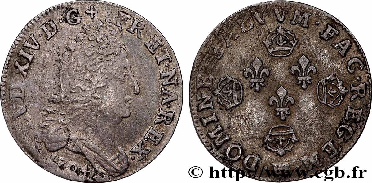 LOUIS XIV &nbsp;THE SUN KING&nbsp; Dix sols aux quatre couronnes 1704 Strasbourg SS/fVZ