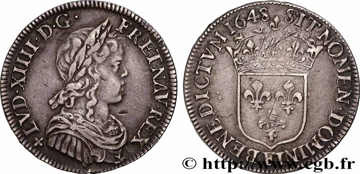 LOUIS XIV &nbsp;THE SUN KING&nbsp; Quart d&nbsp;écu, portait à la mèche longue 1648 Angers XF