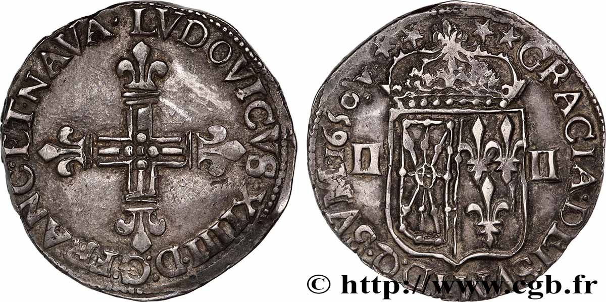 LOUIS XIV &nbsp;THE SUN KING&nbsp; Quart d&nbsp;écu de Navarre, écu parti de Navarre et de France 1650 Saint-Palais fVZ