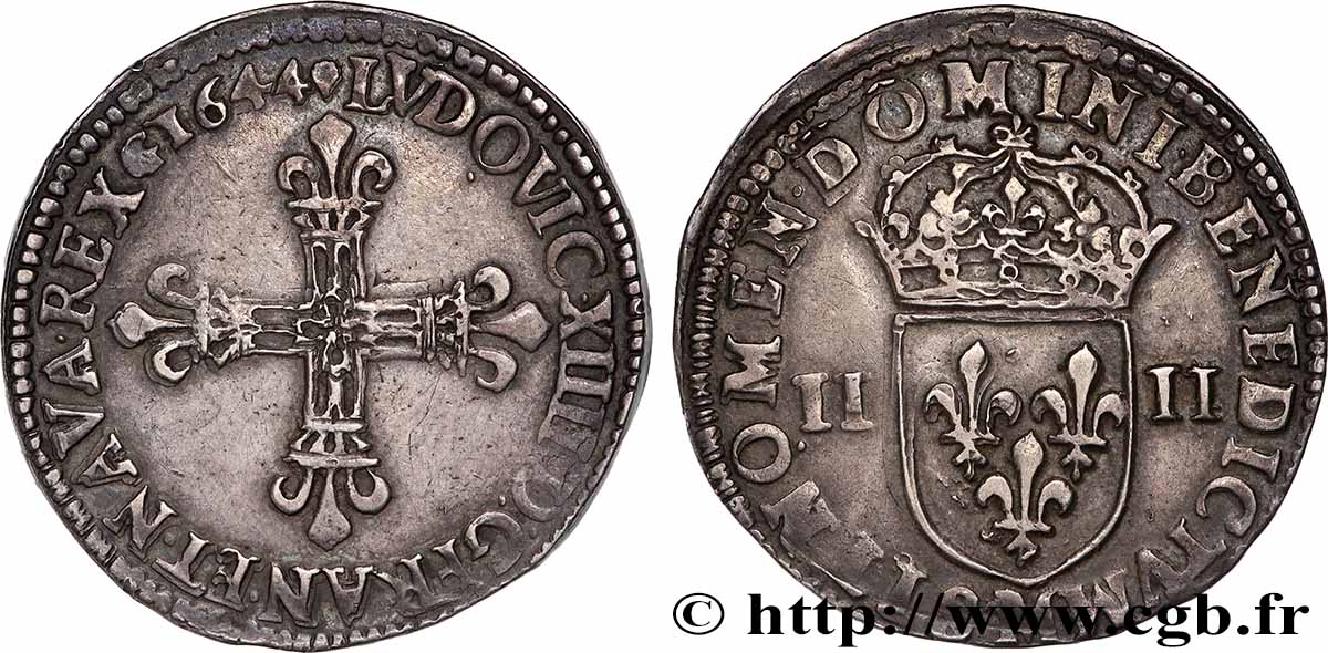 LOUIS XIV &nbsp;THE SUN KING&nbsp; Quart d&nbsp;écu, titulature côté croix 1644 Toulouse fVZ