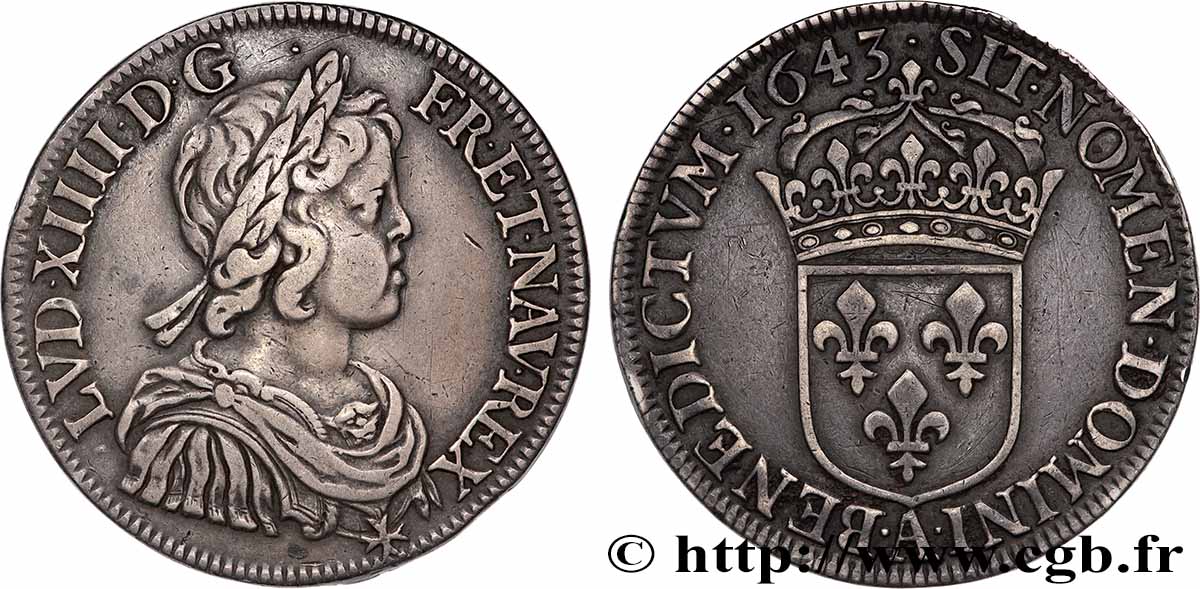 LOUIS XIV &nbsp;THE SUN KING&nbsp; Demi-écu, portrait à la mèche courte 1643 Paris, Monnaie du Louvre SS/fVZ