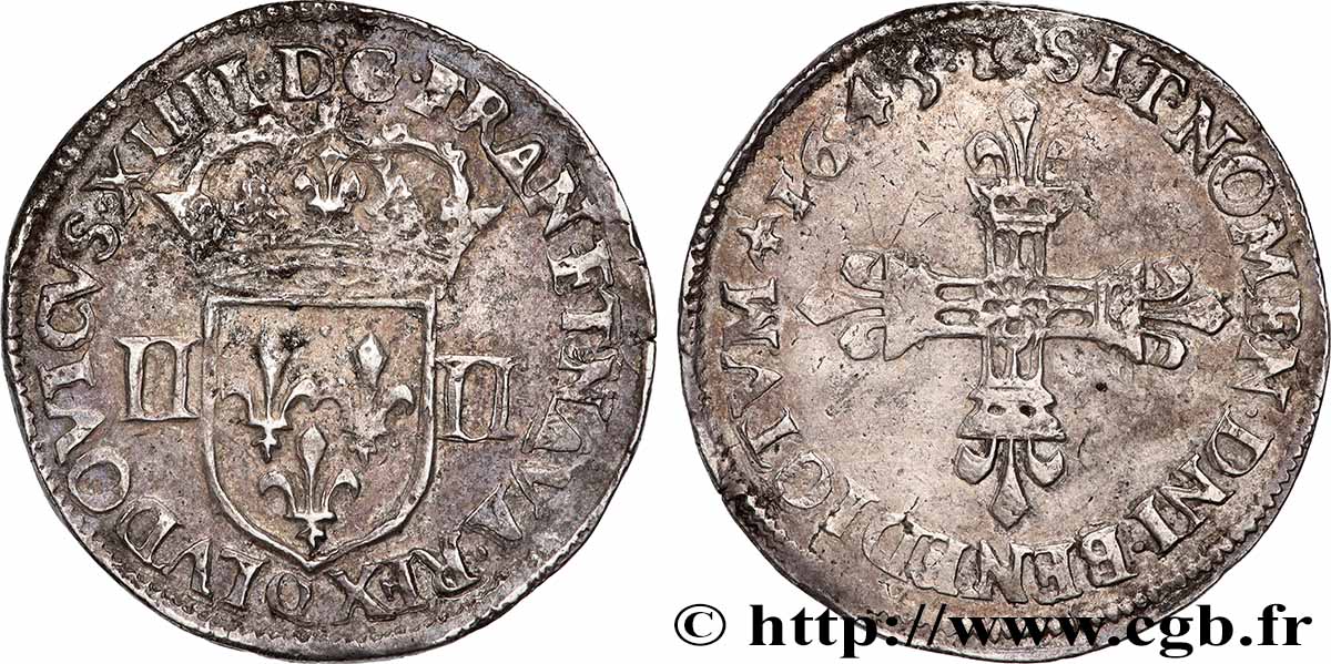 LOUIS XIV &nbsp;THE SUN KING&nbsp; Quart d&nbsp;écu, titulature côté écu 1645 Narbonne SS