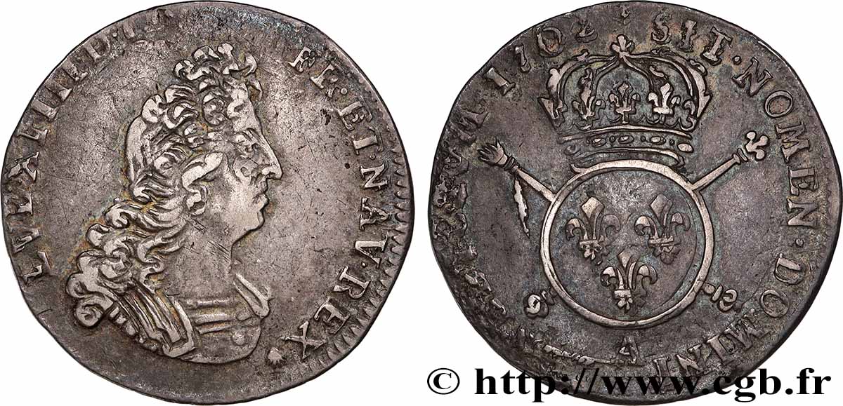 LOUIS XIV &nbsp;THE SUN KING&nbsp; Douzième d&nbsp;écu aux insignes 1702 Paris SS