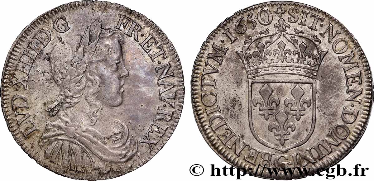 LOUIS XIV &nbsp;THE SUN KING&nbsp; Demi-écu, portrait à la mèche longue 1650 Poitiers fVZ/VZ