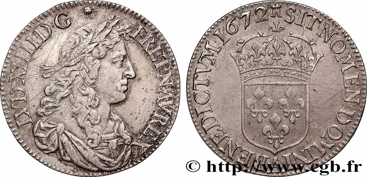 LOUIS XIV &nbsp;THE SUN KING&nbsp; Demi-écu, portrait apollinien 1672 Paris XF