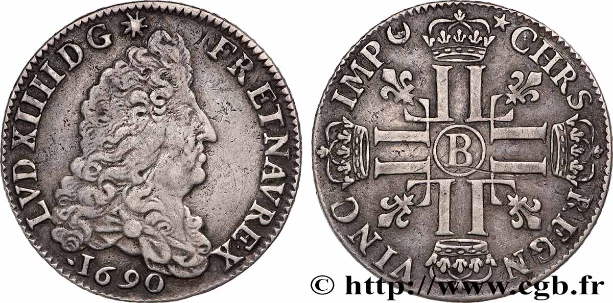 LOUIS XIV &nbsp;THE SUN KING&nbsp; Quart d&nbsp;écu aux huit L, 1er type 1690 Rouen XF