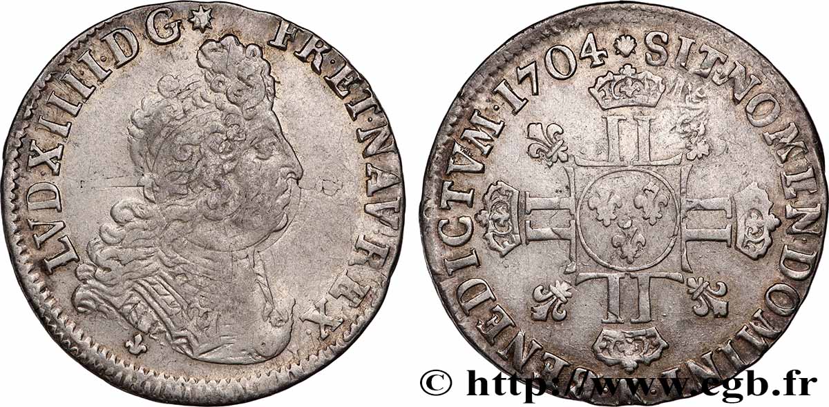 LOUIS XIV &nbsp;THE SUN KING&nbsp; Quart d’écu aux huit L, 2e type 1704 Bordeaux AU/XF