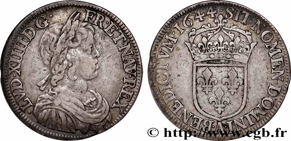 LOUIS XIV &nbsp;THE SUN KING&nbsp; Demi-écu, portrait à la mèche courte 1644 Paris, Monnaie du Louvre XF