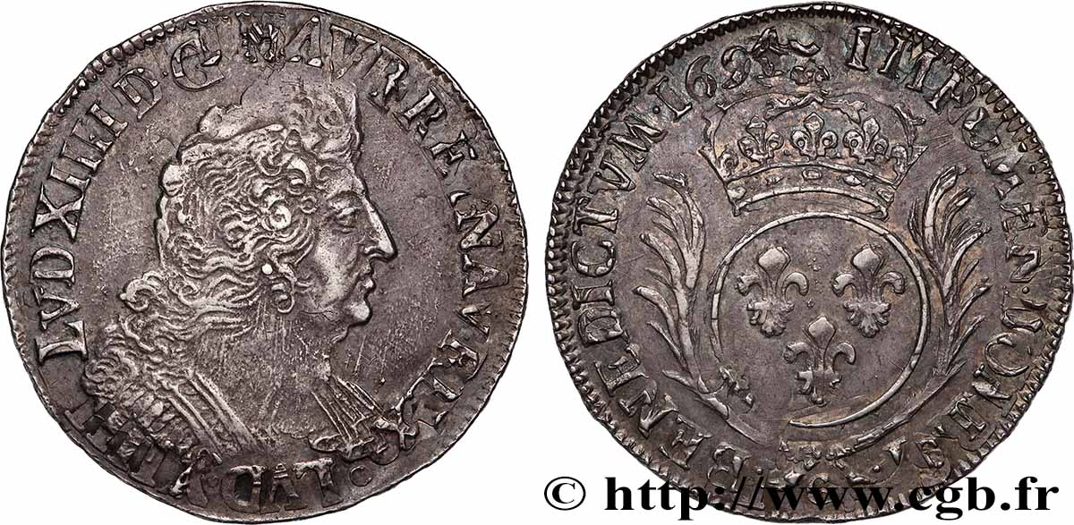 LOUIS XIV &nbsp;THE SUN KING&nbsp; Demi-écu aux palmes 1694  Poitiers AU