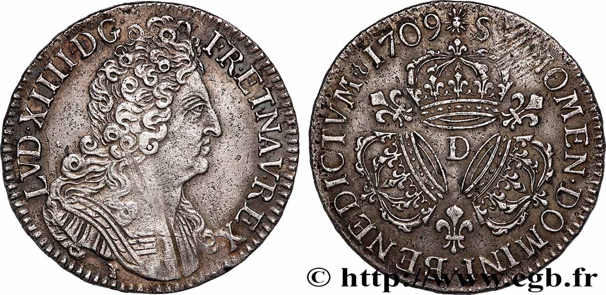 LOUIS XIV &nbsp;THE SUN KING&nbsp; Demi-écu aux trois couronnes 1709 Lyon AU
