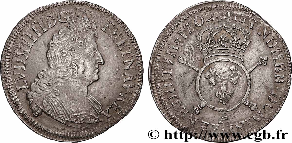LOUIS XIV &nbsp;THE SUN KING&nbsp; Demi-écu aux insignes 1702 Paris XF/AU