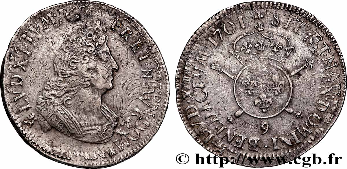 LOUIS XIV &nbsp;THE SUN KING&nbsp; Demi-écu aux insignes 1701 Rennes XF