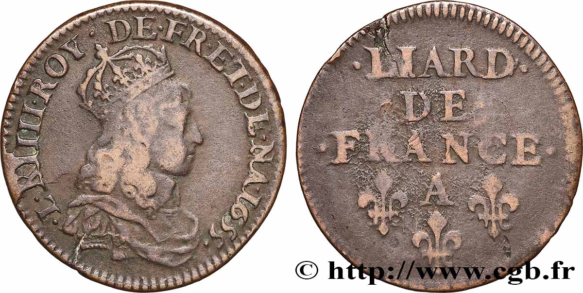 LOUIS XIV LE GRAND OU LE ROI SOLEIL Liard de cuivre 1655 Corbeil TB+/TB