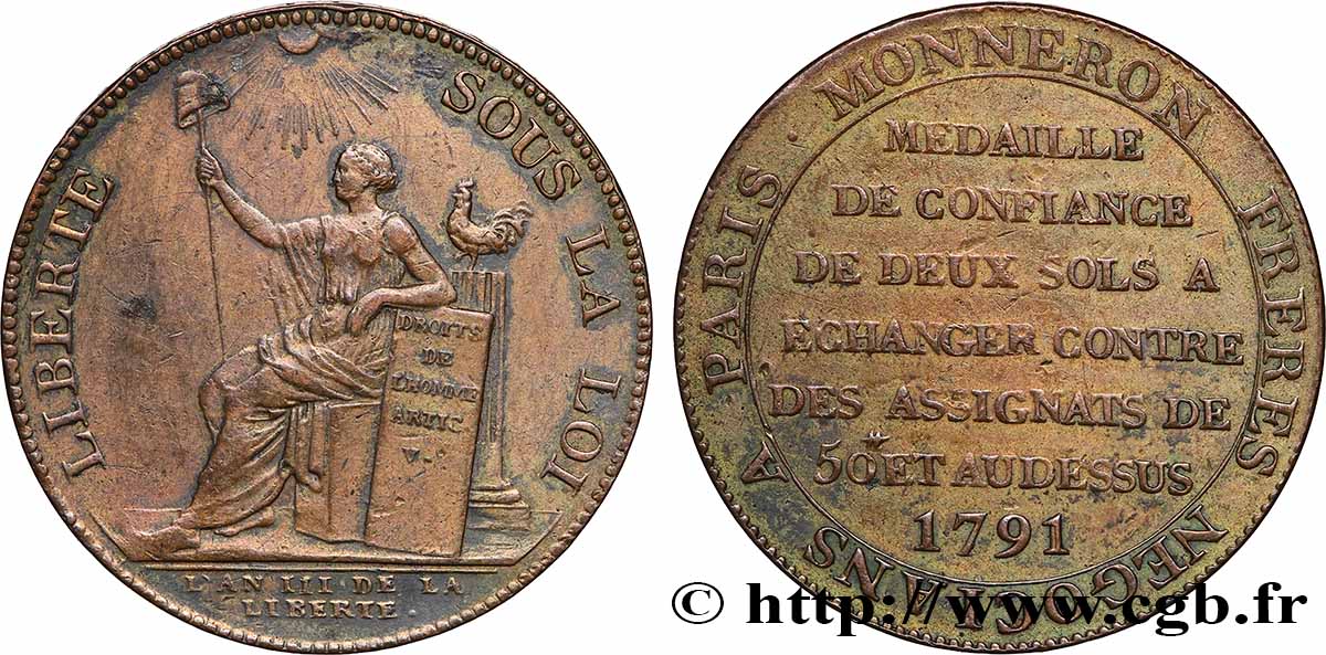 REVOLUTION COINAGE Monneron de 2 sols à la Liberté 1791 Birmingham, Soho SS