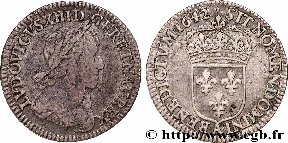 LOUIS XIII LE JUSTE Douzième d&nbsp;écu, buste drapé et cuirassé (2e buste de Jean Warin) 1642 Paris, Monnaie du Louvre TB/TB+