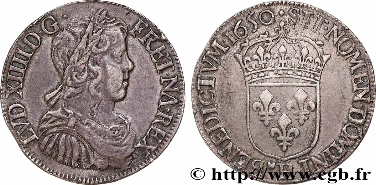 LOUIS XIV LE GRAND OU LE ROI SOLEIL Demi-écu, portrait à la mèche longue 1650 La Rochelle TTB+