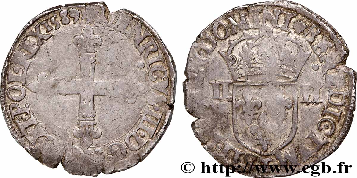 HENRI III Quart d&nbsp;écu, croix de face 1589 Nantes TB+