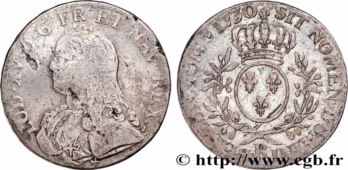 LOUIS XV DIT LE BIEN AIMÉ Écu aux branches d&nbsp;olivier, buste habillé 1730 Orléans TB/TB+
