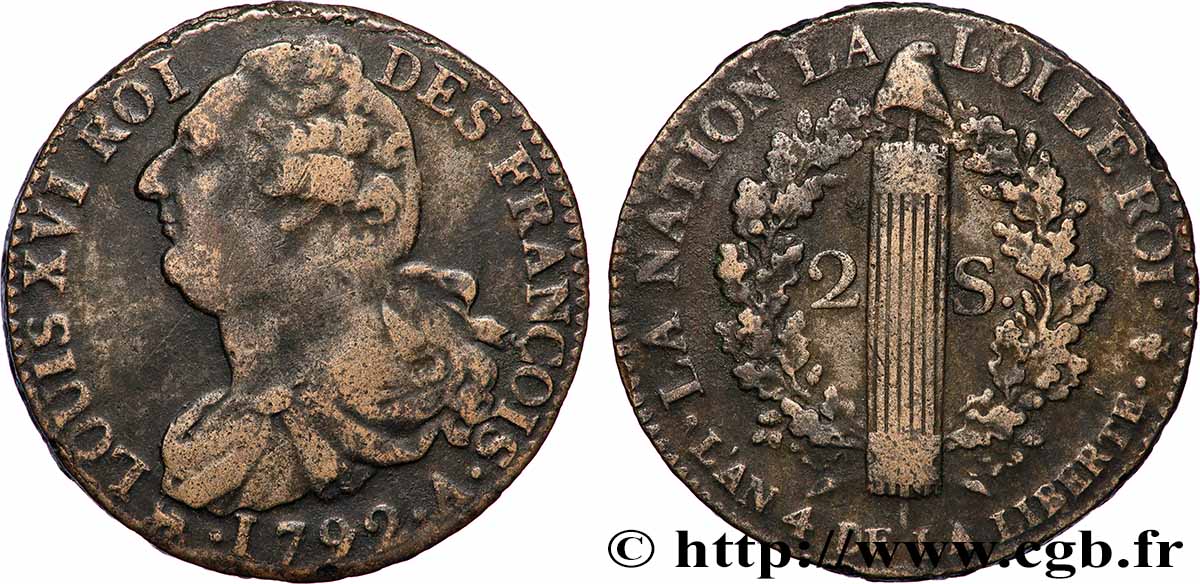 LOUIS XVI 2 sols dit &nbsp;au faisceau&nbsp;, type FRANÇOIS 1792 Paris VF