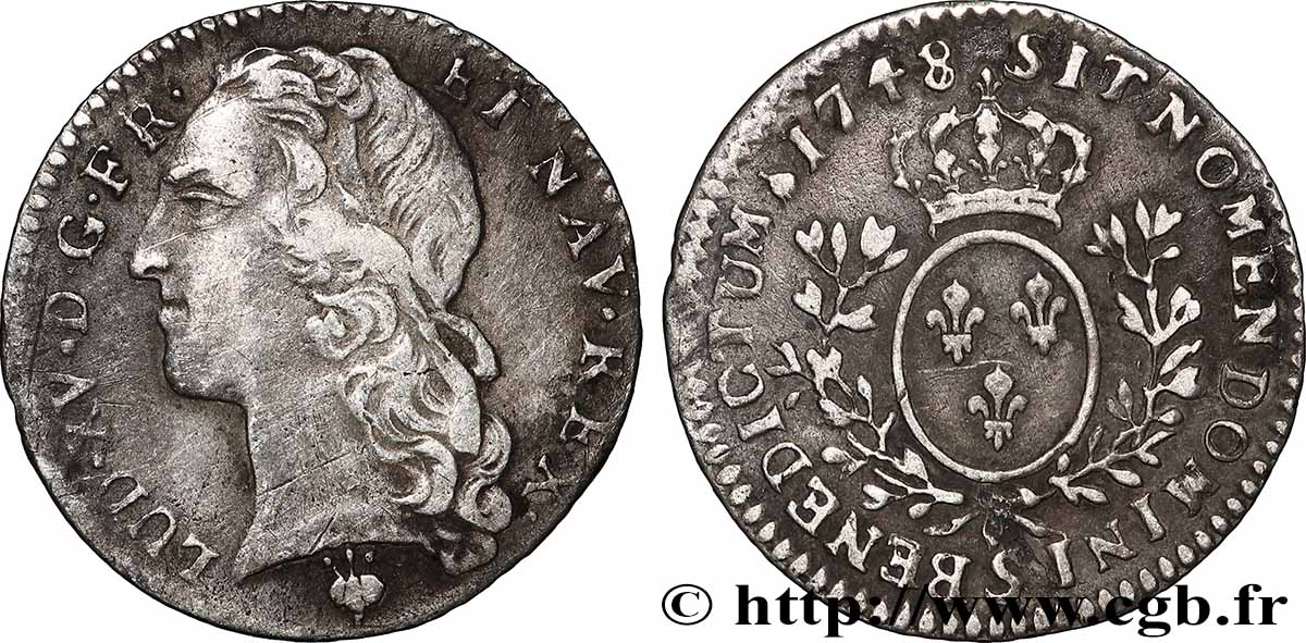 LOUIS XV &nbsp;THE WELL-BELOVED&nbsp; Dixième d&nbsp;écu aux branches d’olivier, tête ceinte d’un bandeau 1748 Reims VF/XF
