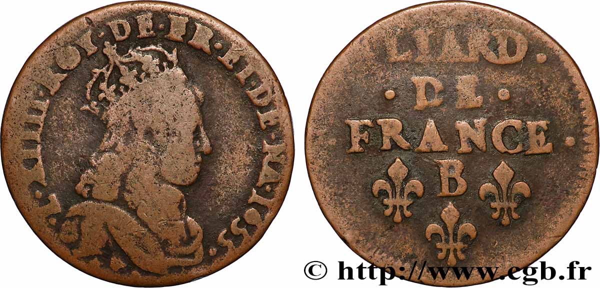 LOUIS XIV LE GRAND OU LE ROI SOLEIL Liard de cuivre, 2e type 1655 Pont-de-l’Arche TB
