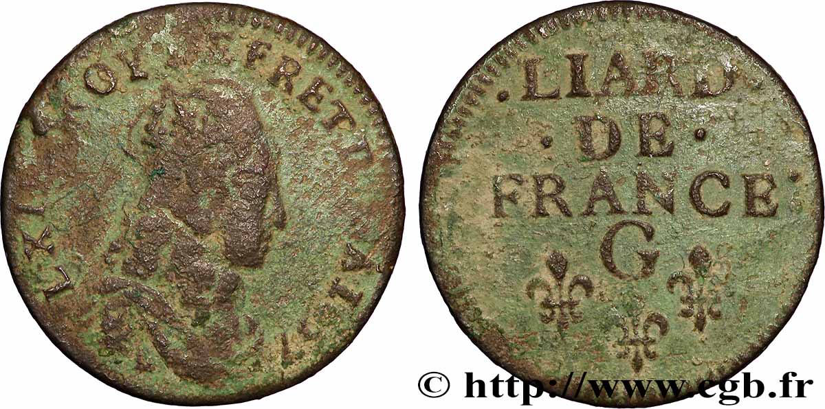 LOUIS XIV &nbsp;THE SUN KING&nbsp; Liard de cuivre, 2e type 1657 Lusignan S/SS