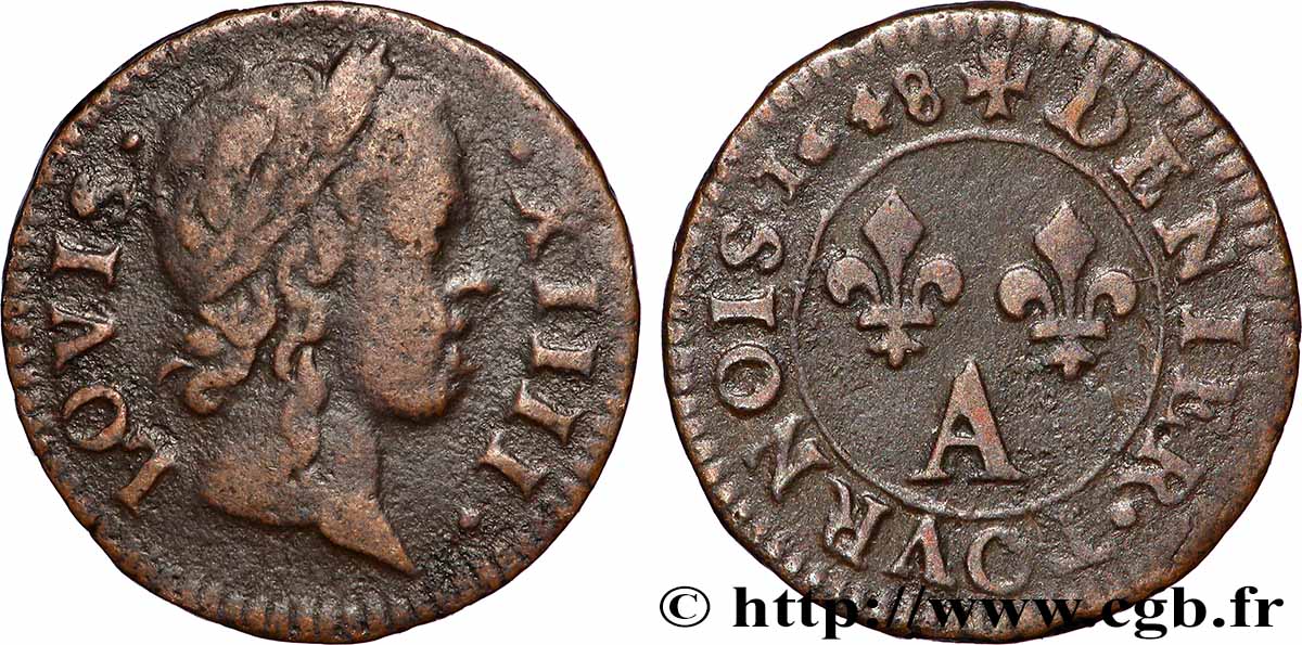 LOUIS XIV &nbsp;THE SUN KING&nbsp; Denier tournois 1648 Paris, Moulin du Louvre fSS/SS
