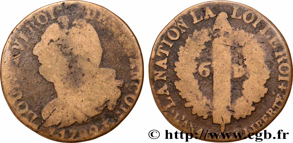 LOUIS XVI 6 deniers dit &nbsp;au faisceau&nbsp;, type FRANÇOIS 1792 Limoges VG