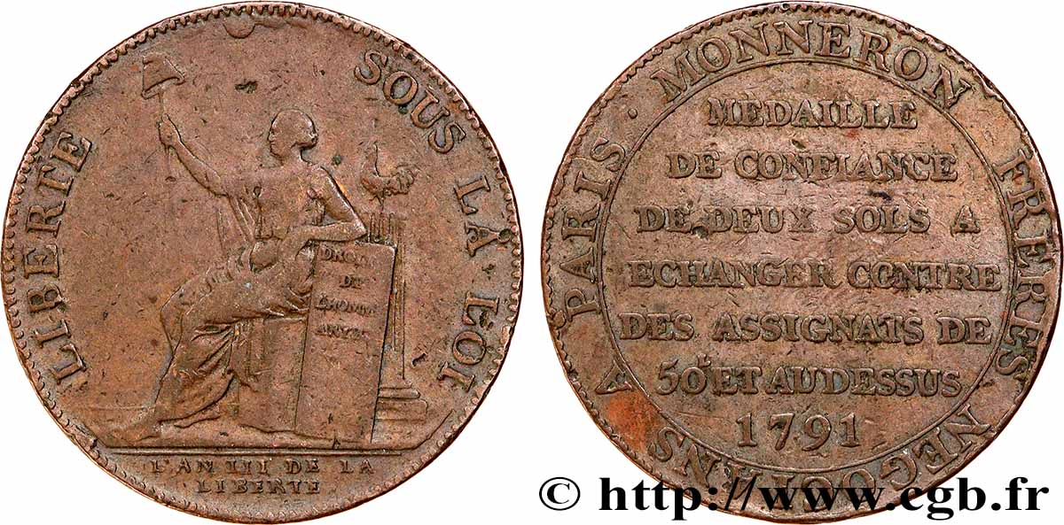 REVOLUTION COINAGE Monneron de 2 sols à la Liberté 1791 Birmingham, Soho BB