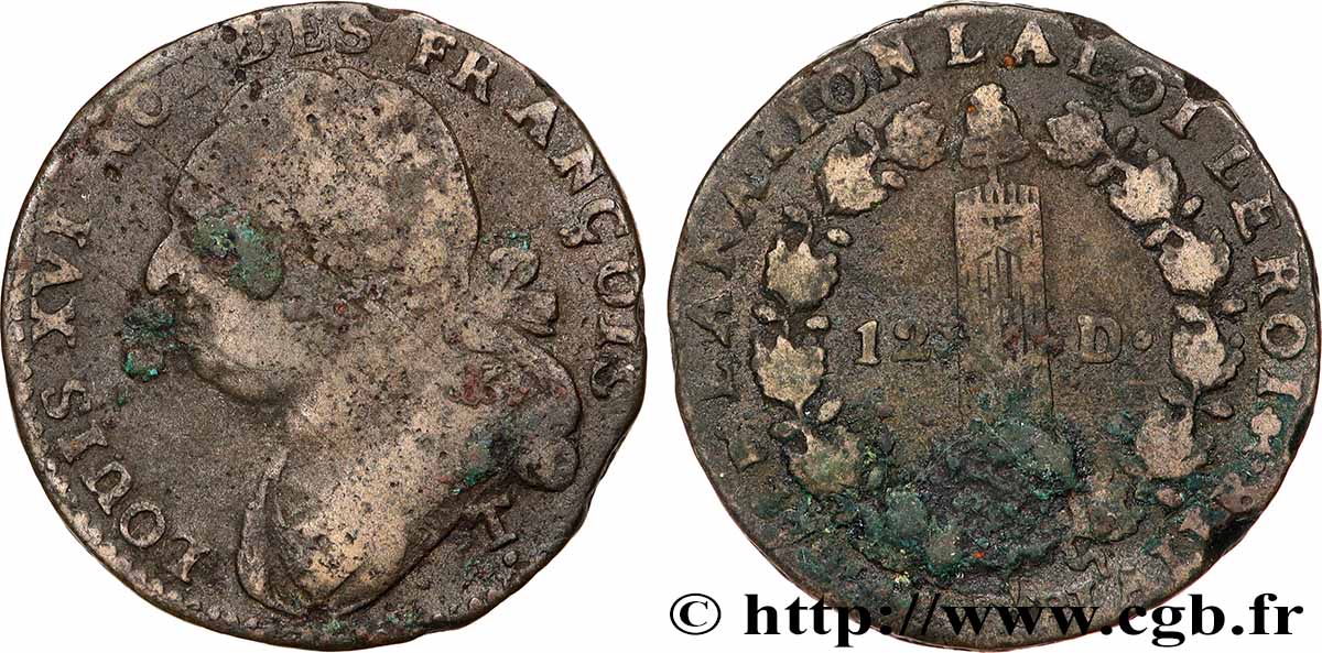 LOUIS XVI (MONARQUE CONSTITUTIONNEL)  12 deniers dit &nbsp;au faisceau&nbsp;, type FRANÇOIS s.m. Saumur B