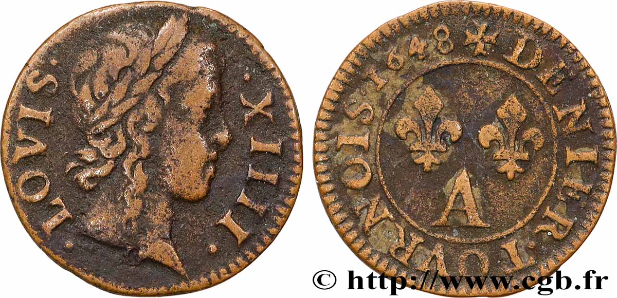 LOUIS XIV &nbsp;THE SUN KING&nbsp; Denier tournois 1648 Paris, Moulin du Louvre SS