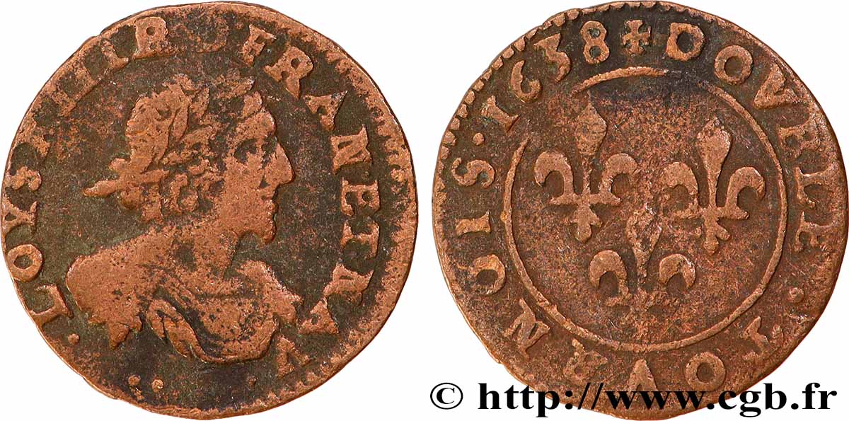 LOUIS XIII  Double tournois au grand buste viril drapé 1638 Ateliers de l’axe Loire-Rhône VF